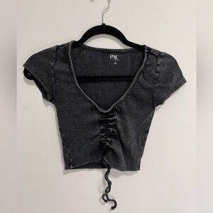 PACSUN Vintage Wash Ruched Tie Short Sleeve Ribbed Women’s Top Shirt Sz XS EUC